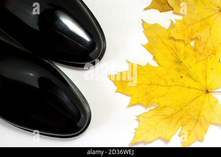 Black rubber boots and a maple leaf on a white background, top view Stock Photo