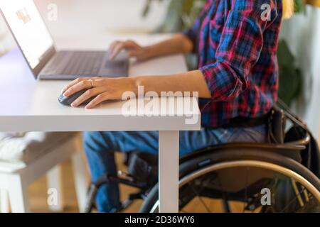Woman in wheelchair using laptop in office Stock Photo