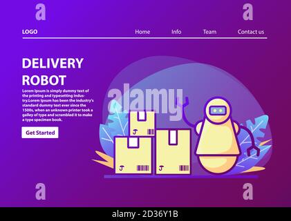 Landing page template.Robot courier.Artificial intelligence.Delivering parcels to customers. Stock Vector