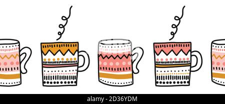 Mups seamless vector border. Repeating cup pattern. Hand drawn illustration horizontal border with colorful tea, coffee or hot chocolate mugs. Stock Vector