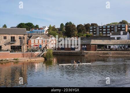 Exeter Quay, view in summer of rowing on the River Exe in The Quay waterfront area of Exeter, Devon, south west England, UK Stock Photo