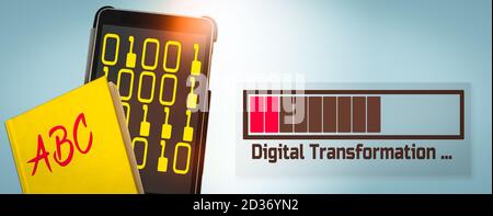 Banner with a Yellow Book and a Tablet Computer showing a Loading Bar and the Text Transformation Stock Photo