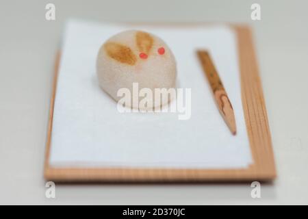 Rabbit Wagashi Mooncake, traditional Japanese sweet typically served with tea during a Japanese tea ceremony Stock Photo