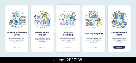 Gender diversity implementation tips onboarding mobile app page screen with concepts Stock Vector