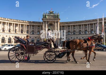 Fiaker vor der Neuen Burg, Teil der Wiener Hofburg in Wien, Österreich, Europa  |  Fiacre and the Hofburg Neue Burg section, Vienna, Austria, Europe Stock Photo