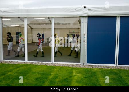 A general view as jockeys leave the weighing room at Ludlow Racecourse.