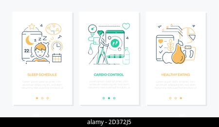 Health mobile app line design style web banners Stock Vector