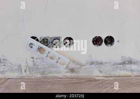 various sockets installed in socket boxes Stock Photo