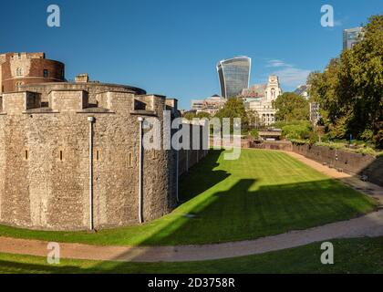 Tower of London walls and a view on 20 Fenchurch Street - Walkie Talkie, London England