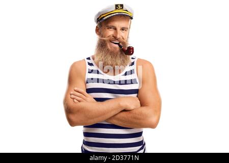 Smiling young sailor with a pipe and blond beard isolated on white background Stock Photo