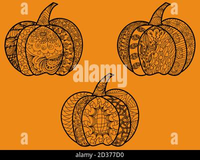 Three Halloween pumpkins on an orange background decorated with a subtle pattern in an ethnic style Stock Vector