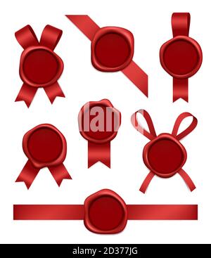 Wax stamp and ribbons. Sealed red rubber postal stamps with tapes vector realistic 3d pictures Stock Vector