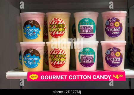 A selection of unusual flavors of cotton candy for sale at It'Sugar, a candy by the pound store on Broadway in Greenwich Village, New York City Stock Photo