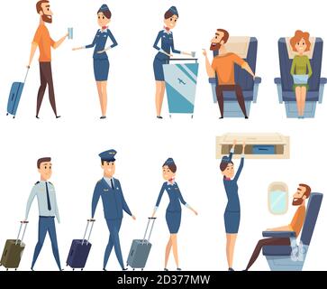 Airplane passengers. Stewardess in uniform boarding airplane safety vector cartoon characters Stock Vector