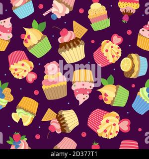 Cupcake pattern. Gourmet sweet baked products with syrup chocolate cream and fruits vector colored seamless textile design Stock Vector