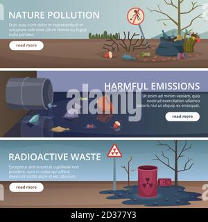 Waste nature banners. Toxic trash in rivers and oceans pollution factory problems air vector pictures Stock Vector