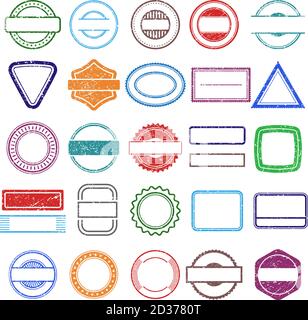 Stamp rubber frames. Round and square scratching grunge shapes vector stamp templates Stock Vector