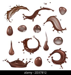 Coffee splashes. Brown chocolate milk splashes of hot drinks dessert vector realistic template Stock Vector