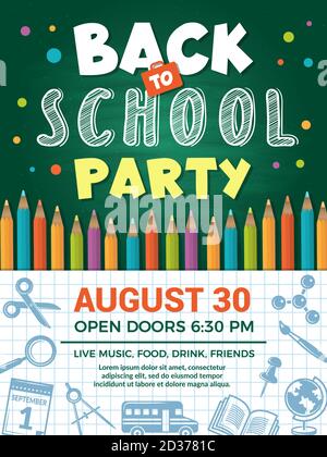 Back to school poster. Design template of school placard or back education banner for schooling event party Stock Vector