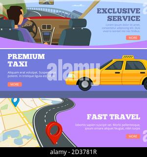 Taxi service banners. Yellow service cars driver in premium automobile road map vector flyers advertising template Stock Vector