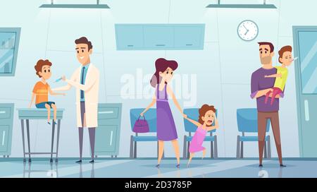 Vaccination in clinic. Medical background picture kids hospital doctor making safety injection from influenza vector healthcare concept Stock Vector