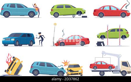 Accident on road. Car damaged vehicle insurance transportation theif repair service traffic vector pictures collection Stock Vector