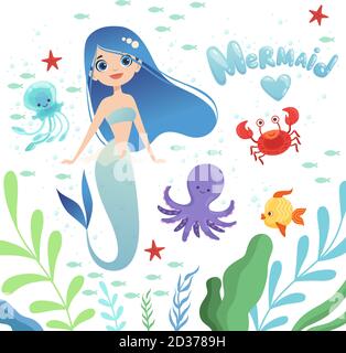 Mermaid background. Underwater life with cartoon fantasy mermaid characters baby octopus girl vector illustration Stock Vector