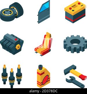 Car parts. Automobile tools engine transmission steering wheel exhaust pipe vector isometric icon collection Stock Vector