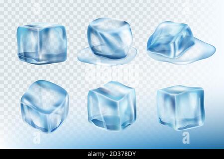 Ice cubes realistic. Puddles smudges and splashes of freeze water vector pictures collection Stock Vector