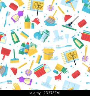 Cleaning service pattern. Home supplies for clean dry laundry powders brushes rags vector seamless background Stock Vector