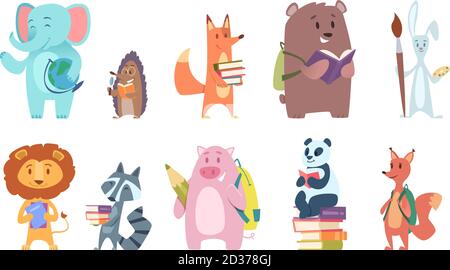 School animals. Funny zoo kids with backpacks and other school equipment squirrel elephant bear fox vector characters Stock Vector
