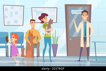 Professional veterinarian. Pets with their owners in reception at the vet clinic vector background Stock Vector