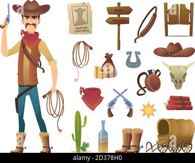 Wild west cartoon. Saloon cowboy western lasso symbols vector pictures isolated Stock Vector