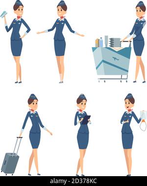 Stewardess. Woman hostess professional blue uniform of boarding airplane girl vector cartoon characters Stock Vector