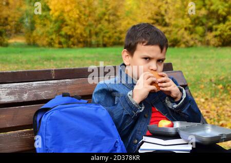 Close-up of a small schoolboy sitting on a Park bench and opening his school backpack during a lunch break. eating a sandwich out of a lunch box. Stock Photo