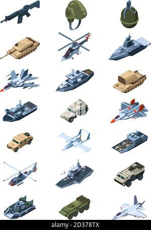 Military isometric. Security guards in uniform soldiers with tanks all-terrain vehicle machine guns grenades shields vector collection Stock Vector