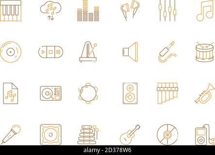 Musicians icons. Audio recording studio tools acoustic guitar piano microphone music vector colored pictures Stock Vector