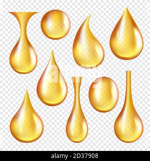 Oil transparent drops. Yellow liquid golden oil vector realistic collection of splashes Stock Vector