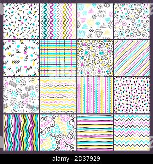 Simple line pattern. Childish style colored shapes different forms dots and doodling strips vector fashioned seamless backgrounds Stock Vector
