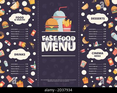 Fast food menu. Design template of restaurant menu with fast food flat pictures burger cold drinks donut pizza vector Stock Vector