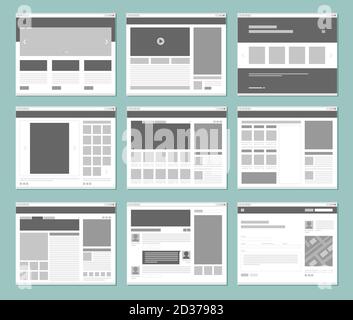 Web pages layout. Internet browser windows with website elements interface ui template vector design Stock Vector