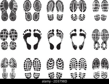 Footprint texture. Silhouettes of sneakers for human male and female shoes vector printing pictures Stock Vector