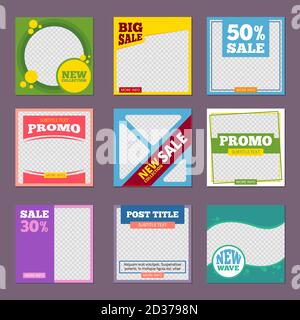 Post template. Editable promo banners with place for personal pictures and text big sales vector posting colored designs Stock Vector