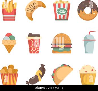 Fast food icons. Hamburger pizza sausages snacks sandwich ice cream food menu vector flat pictures Stock Vector