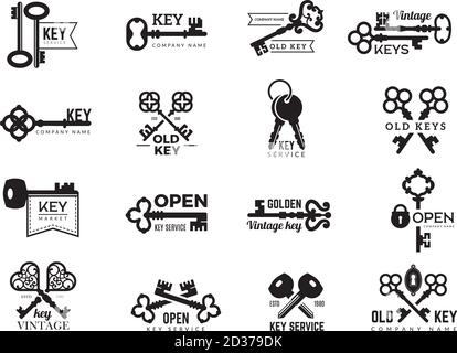 Keys logotype. Real estate badges door and gate access symbols silhouettes of ornate and modern steel keys vector collection Stock Vector