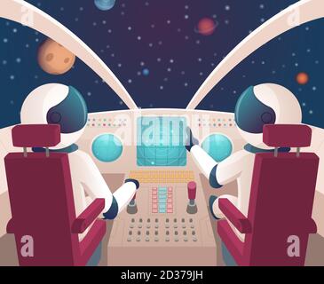 Pilots in spaceship. Shuttle cockpit with pilots in costumes vector cartoon space with planets Stock Vector