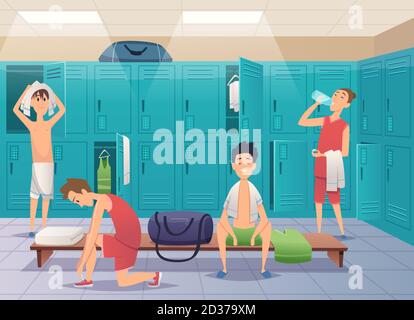 School locker room. Sport gym locker with kids in college vector cartoon background Stock Vector