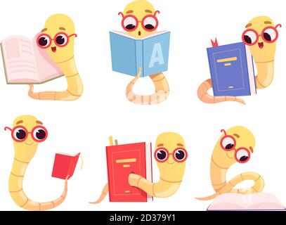 Bookworms cartoon. Back to school character reading books library worm happy smart baby animal vector illustrations Stock Vector