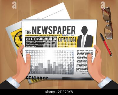 Newspaper in hands. Daily news businessman hold and reading hot announce in newspaper cover vector template Stock Vector