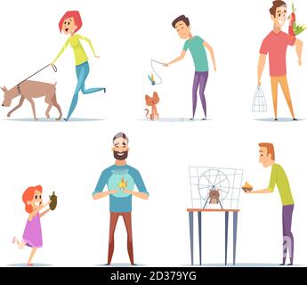 Domestic animals. Owners with their pets cat dog parrot happy characters with animals vector collection in cartoon style Stock Vector